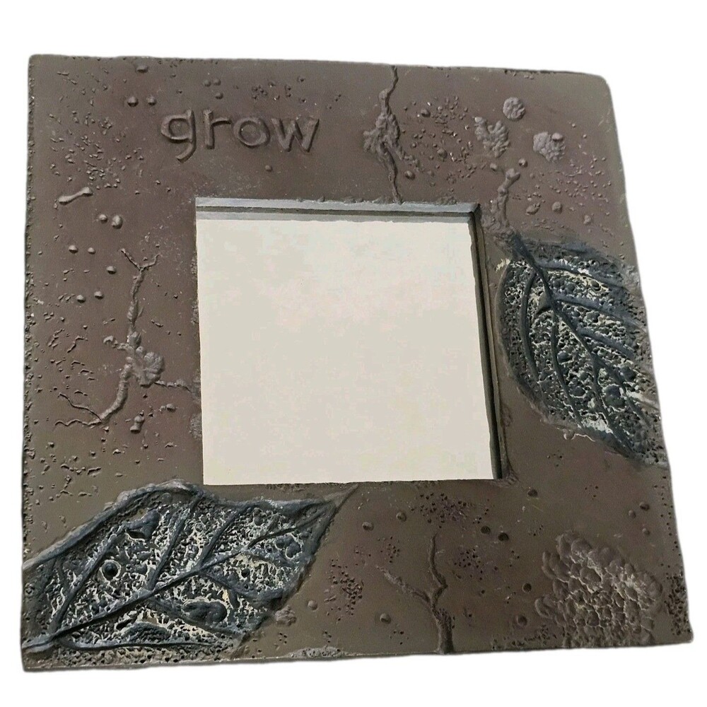 Small 6" Wall Accent Mirror Square Brown Stone Texture Leaf Engravings "Grow"